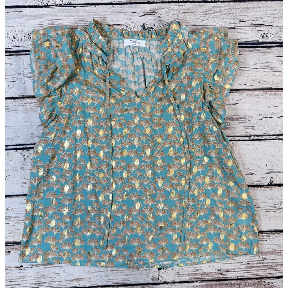 Women's Avara Top Size XS Ruffled Short Sleeve Sea Fans Gold Print Tie Neckline